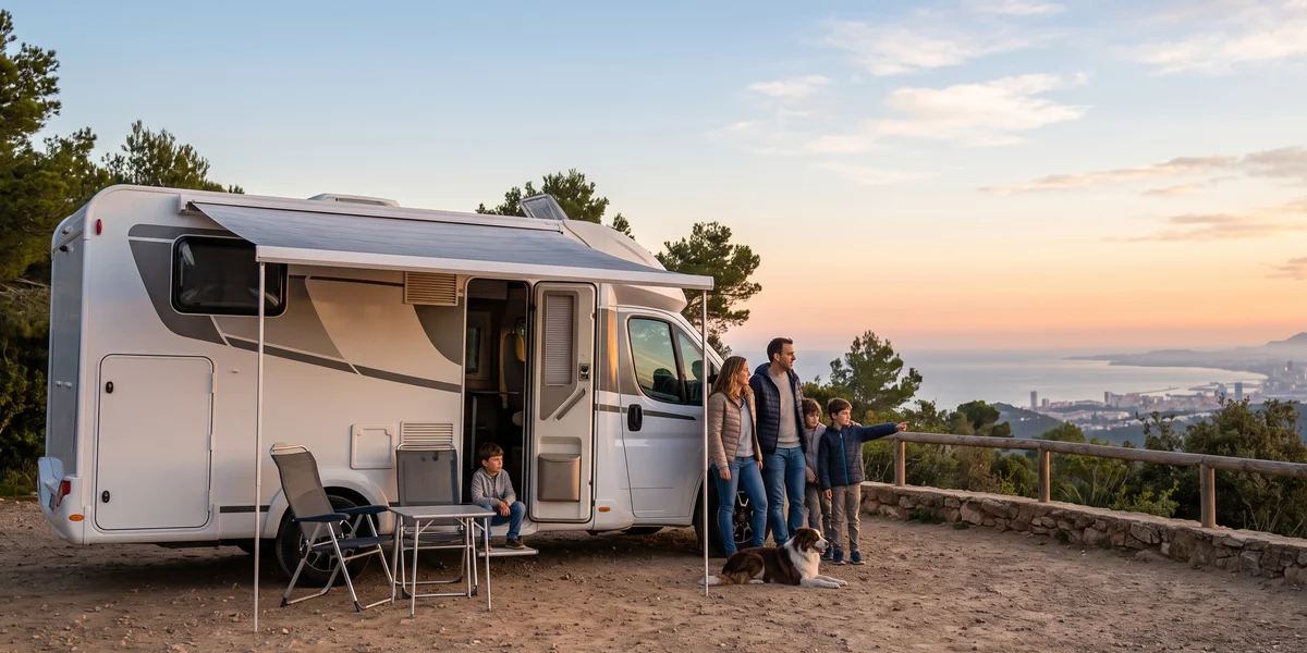 Autocaravana perfilada de 5 plazas con familia y perro en un mirador cerca de Barcelona