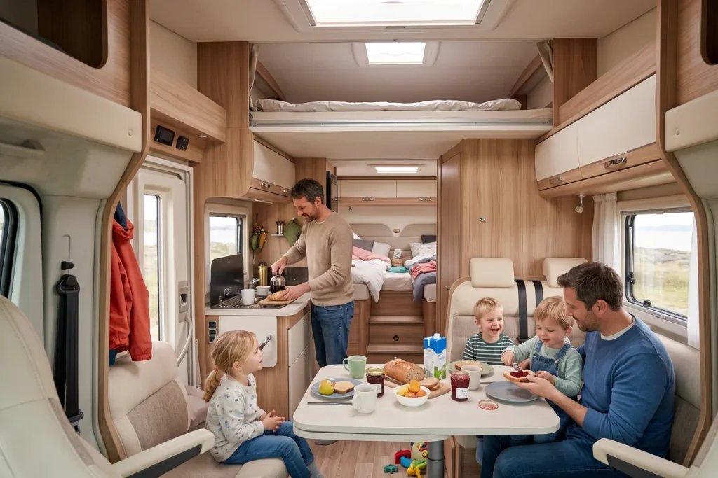 Interior de autocaravana de 5 plazas con camas gemelas y cama de techo